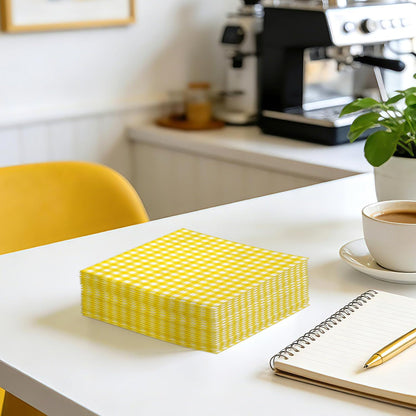 25Pcs Yellow Plaid Paper Napkins - 3-Ply Yellow and White Gingham Disposable Luncheon Napkins for Easter, Birthday, Picnic and Daily Use - 6.5 x 6.5 In
