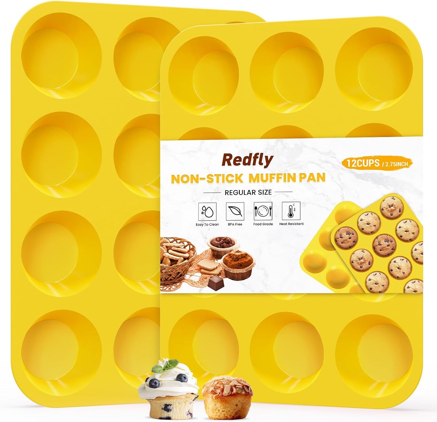2 Pack Silicone Muffin Pans for Baking & Cupcake Pan - 12 Cup Regular Size Silicone Molds, BPA Free Egg Bites Mold,Yellow