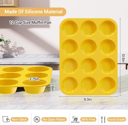 2 Pack Silicone Muffin Pans for Baking & Cupcake Pan - 12 Cup Regular Size Silicone Molds, BPA Free Egg Bites Mold,Yellow