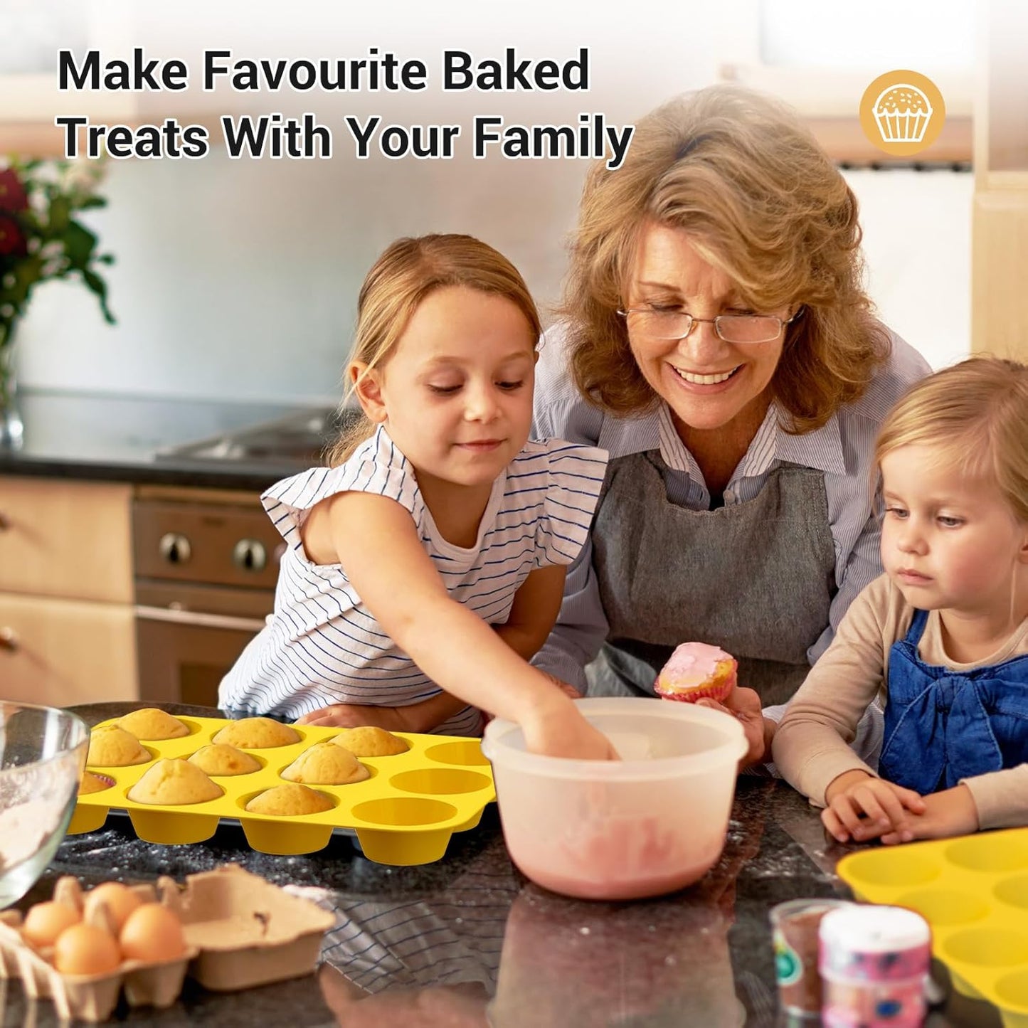2 Pack Silicone Muffin Pans for Baking & Cupcake Pan - 12 Cup Regular Size Silicone Molds, BPA Free Egg Bites Mold,Yellow
