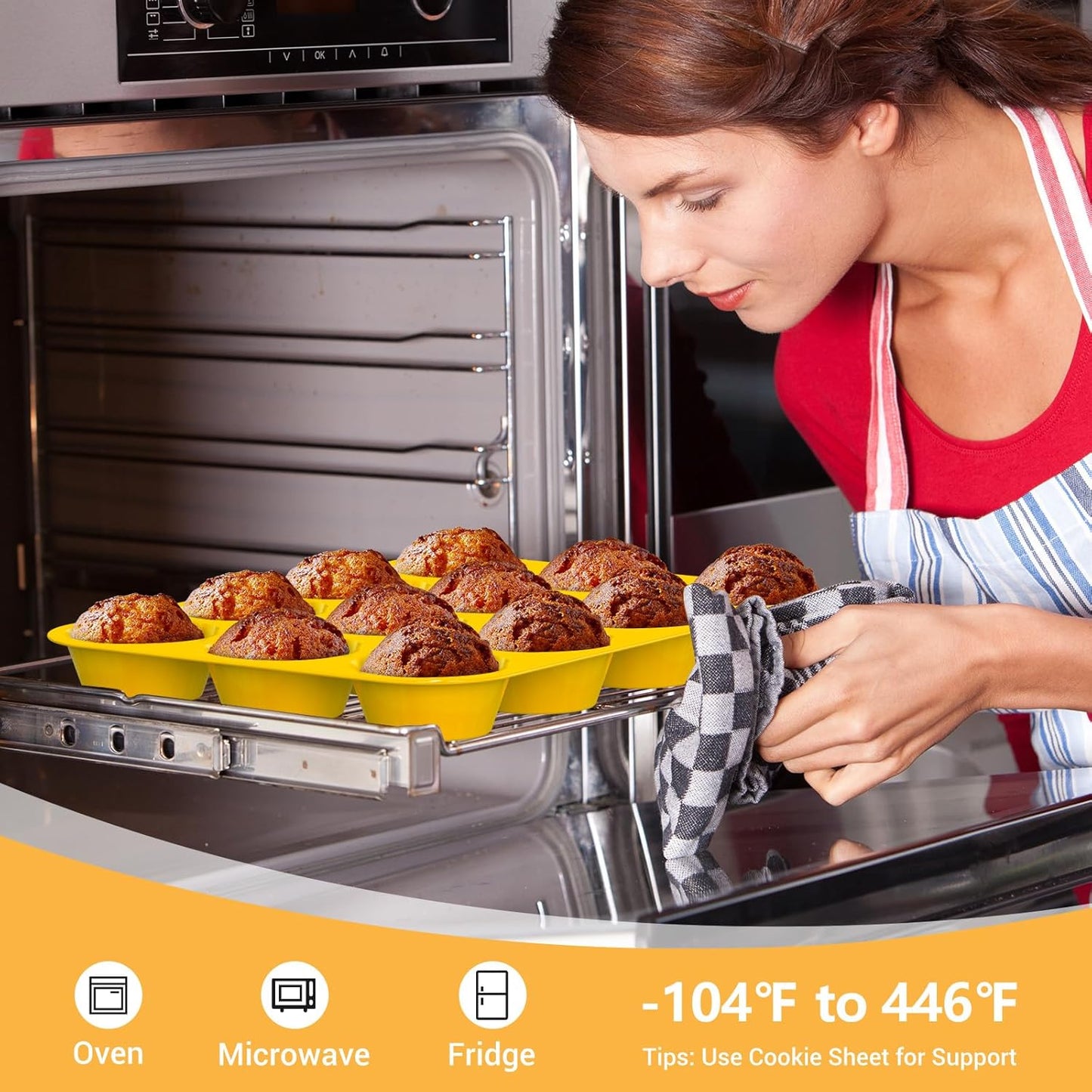 2 Pack Silicone Muffin Pans for Baking & Cupcake Pan - 12 Cup Regular Size Silicone Molds, BPA Free Egg Bites Mold,Yellow