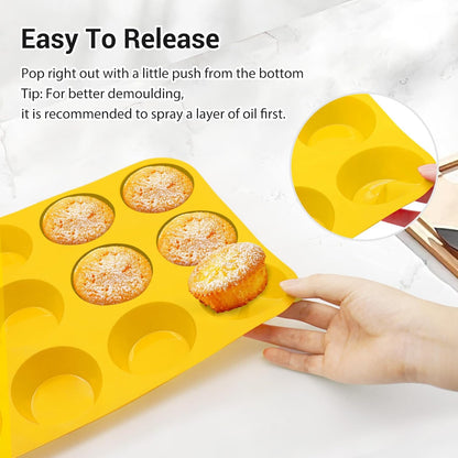 2 Pack Silicone Muffin Pans for Baking & Cupcake Pan - 12 Cup Regular Size Silicone Molds, BPA Free Egg Bites Mold,Yellow