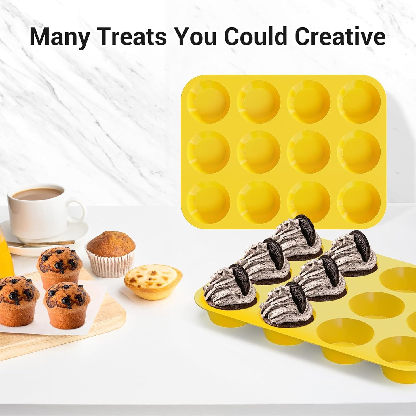 2 Pack Silicone Muffin Pans for Baking & Cupcake Pan - 12 Cup Regular Size Silicone Molds, BPA Free Egg Bites Mold,Yellow