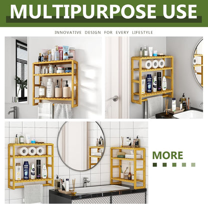 Over The Toilet Storage Bathroom Shelves Wall Mounted 3 Tier Space Saver Corner Shelf Organizer Bamboo Towel Rack Toilet Paper Cabinet with Hanging Rod Yellow
