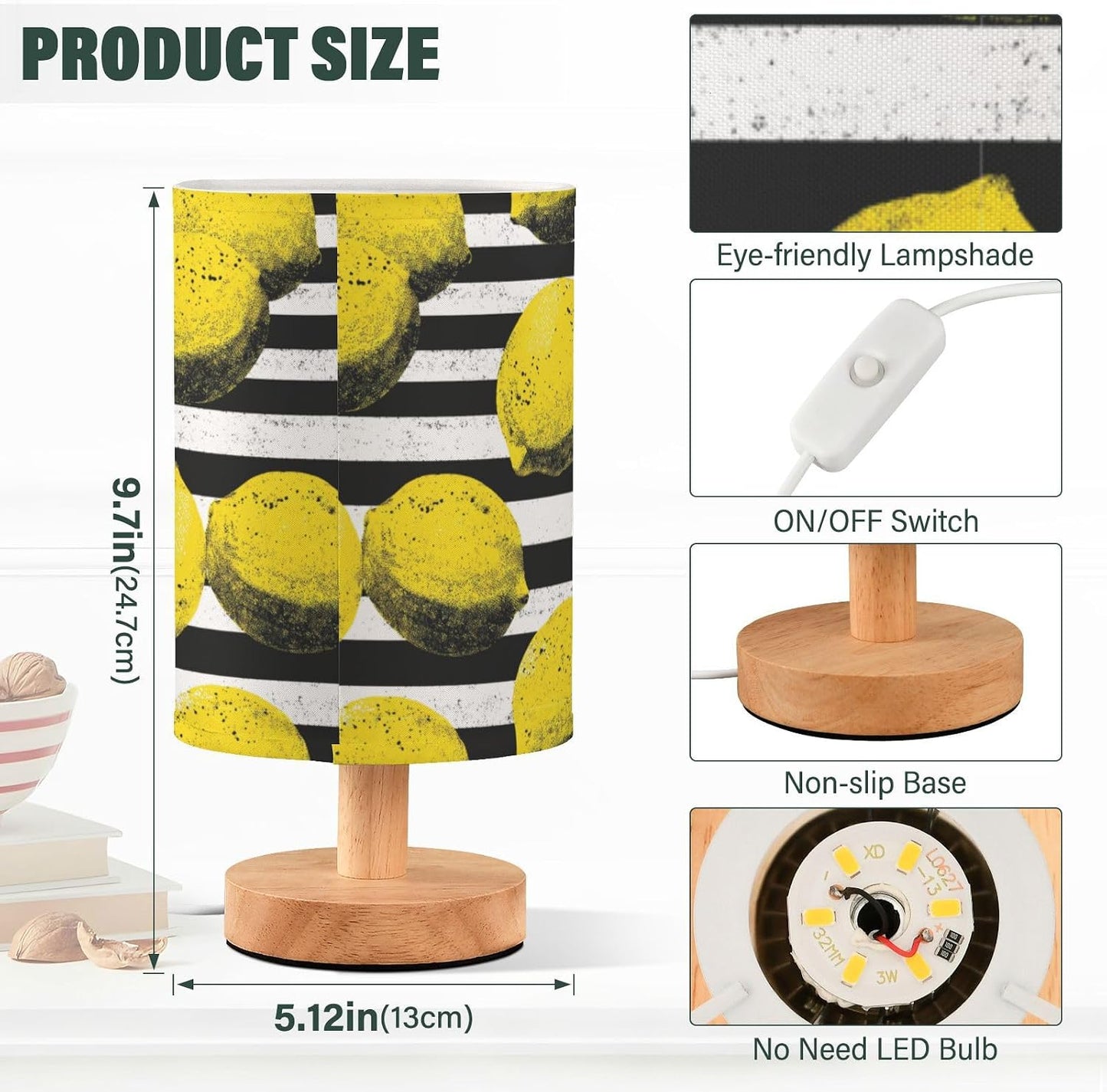 Bedside Table Lamp Lemon Yellow Citrus Fruits (77) Kids Nightstand Lamp Night Light Fabric Shade for Bedroom Living Room Home Office