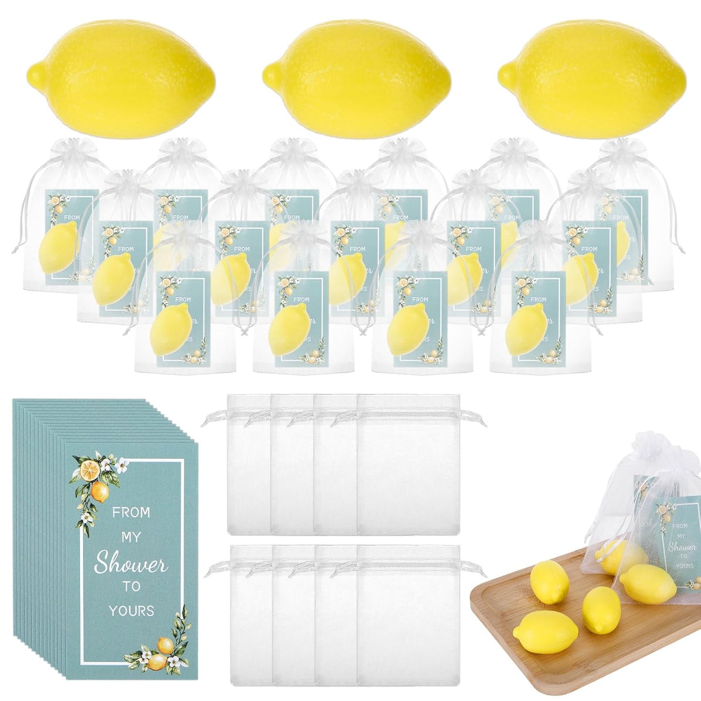 50 Set Lemon Soap, Lemon Party Favors for Guests, Yellow Lemon Shaped Soap Bar with Cards and Organza Bags, LemonThemed Party Decor & Lemon Gifts for Wedding Bridal Shower Baby Shower