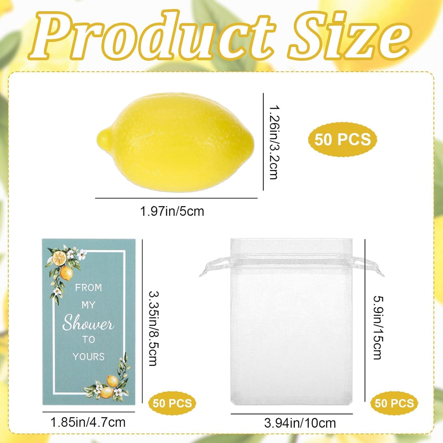 50 Set Lemon Soap, Lemon Party Favors for Guests, Yellow Lemon Shaped Soap Bar with Cards and Organza Bags, LemonThemed Party Decor & Lemon Gifts for Wedding Bridal Shower Baby Shower