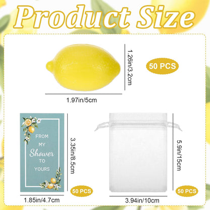 50 Set Lemon Soap, Lemon Party Favors for Guests, Yellow Lemon Shaped Soap Bar with Cards and Organza Bags, LemonThemed Party Decor & Lemon Gifts for Wedding Bridal Shower Baby Shower