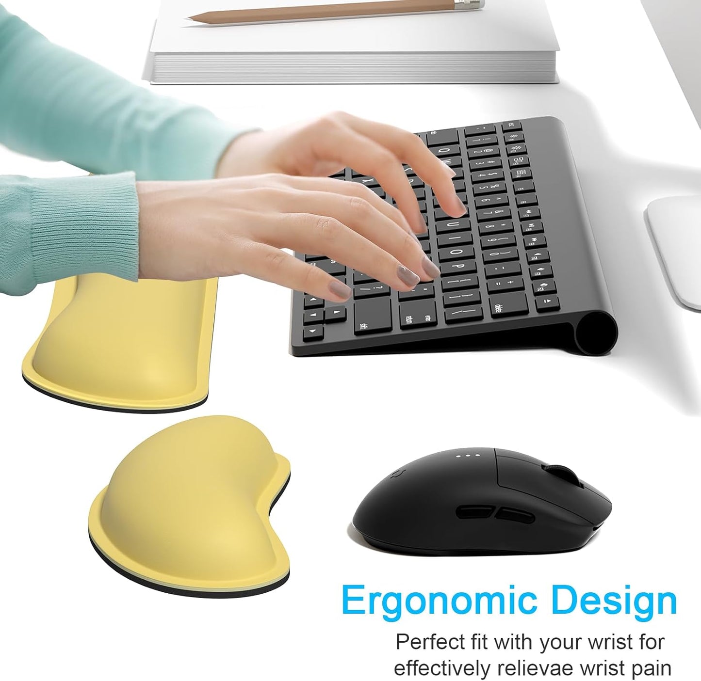 Keyboard Wrist Rest Set, Cute PU Leather Wrist Cushion for Computer Keyboard and Mousepad, Memory Foam Mouse Pad Rests Support with Non-Slip Base for Typing Pain Relief, Laptop, Lemon Yellow