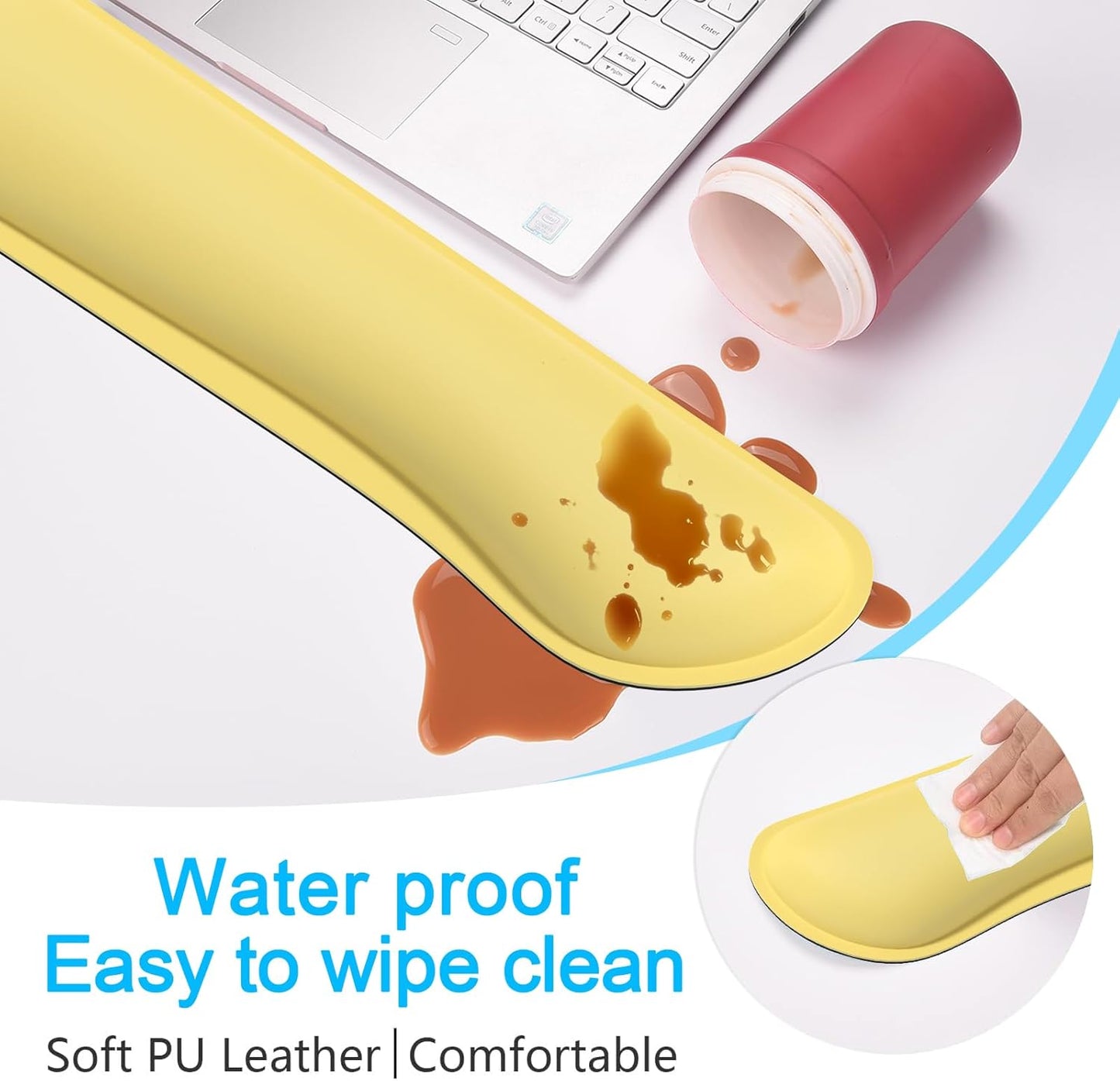 Keyboard Wrist Rest Set, Cute PU Leather Wrist Cushion for Computer Keyboard and Mousepad, Memory Foam Mouse Pad Rests Support with Non-Slip Base for Typing Pain Relief, Laptop, Lemon Yellow