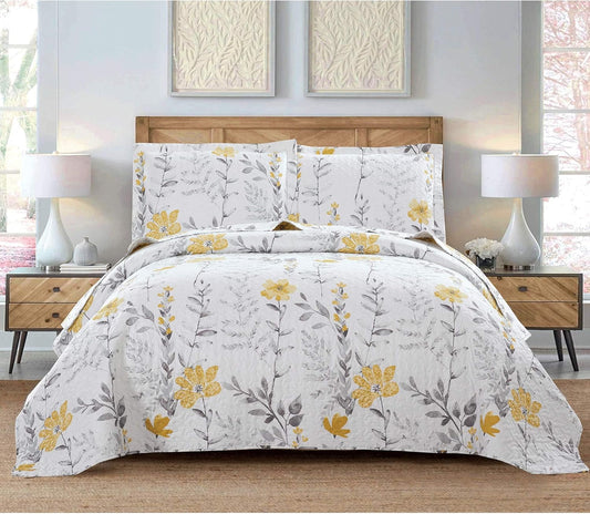3 Pcs Twin Size Yellow White Flower Bedding Quilts Lightweight Summer Bedspread Floral Daybed Cover Vintage Plant Garden Coverlet Blanket 68"x86" Quilt with 2 Standard Pillow Shams
