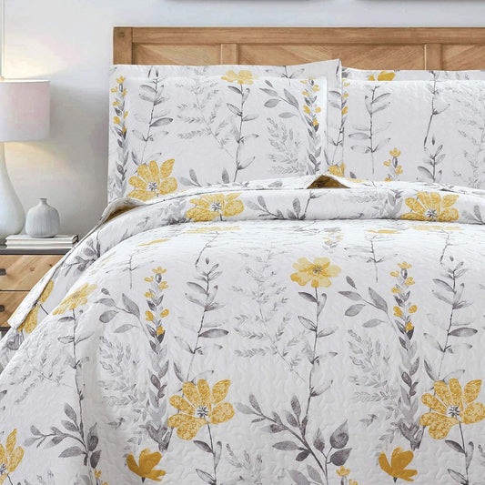 3 Pcs Twin Size Yellow White Flower Bedding Quilts Lightweight Summer Bedspread Floral Daybed Cover Vintage Plant Garden Coverlet Blanket 68"x86" Quilt with 2 Standard Pillow Shams