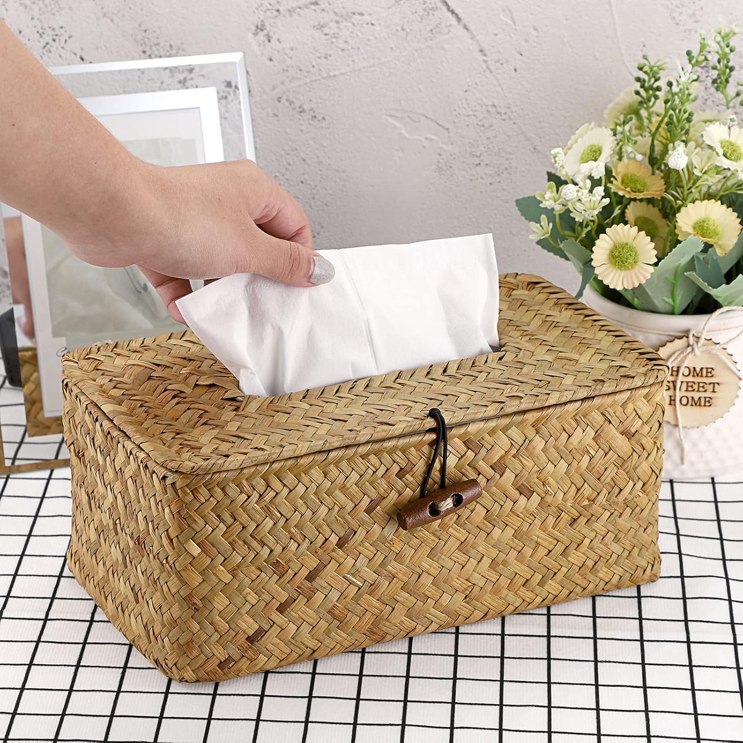 Tissue Box Cover Rectangle Tissue Box Seagrass Tissue Box Holder Woven Tissue Holder Decorative Tissue Cover for Bathroom Tissue Box Cover Rectangular for Home Office Table Yellow