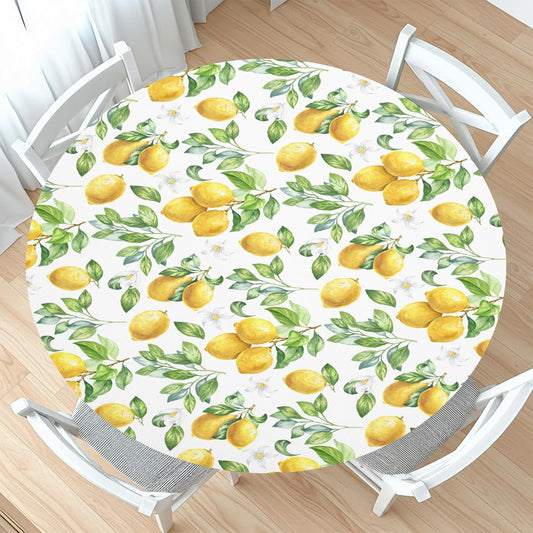 Lemon Round Fitted Tablecloth with Elastic Edge Spring Summer Yellow Lemonade Stand Circle Table Cloth for 40-44" Tables Wipeable Waterproof Lemon Party Outdoor Table Cover for Picnic Dining Patio