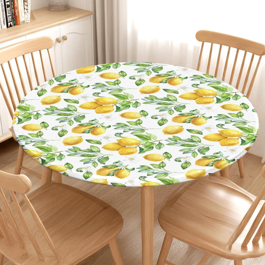 Lemon Round Fitted Tablecloth with Elastic Edge Spring Summer Yellow Lemonade Stand Circle Table Cloth for 40-44" Tables Wipeable Waterproof Lemon Party Outdoor Table Cover for Picnic Dining Patio
