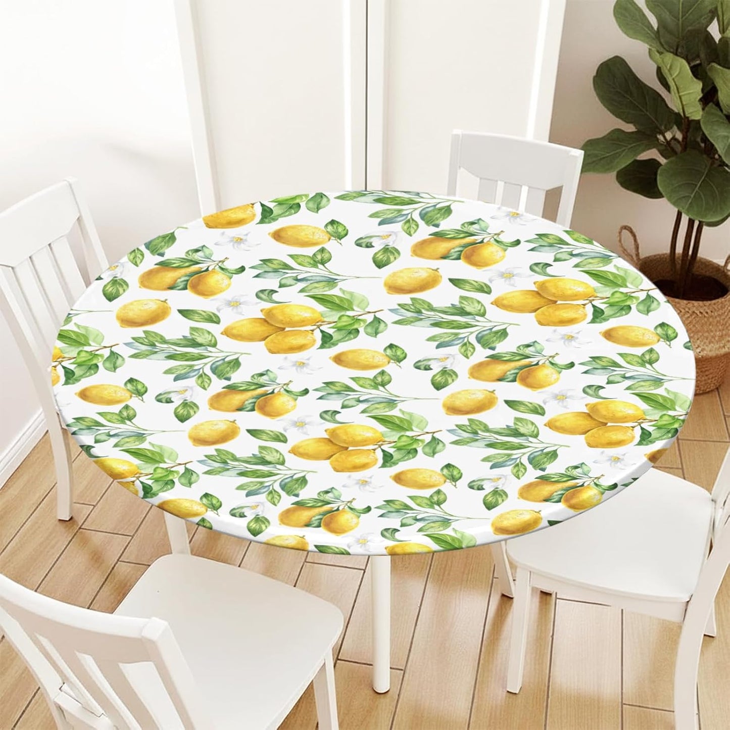 Lemon Round Fitted Tablecloth with Elastic Edge Spring Summer Yellow Lemonade Stand Circle Table Cloth for 40-44" Tables Wipeable Waterproof Lemon Party Outdoor Table Cover for Picnic Dining Patio