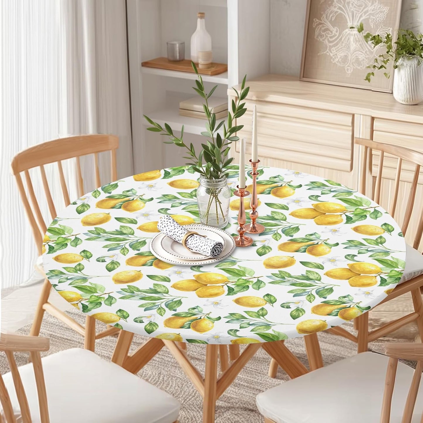 Lemon Round Fitted Tablecloth with Elastic Edge Spring Summer Yellow Lemonade Stand Circle Table Cloth for 40-44" Tables Wipeable Waterproof Lemon Party Outdoor Table Cover for Picnic Dining Patio