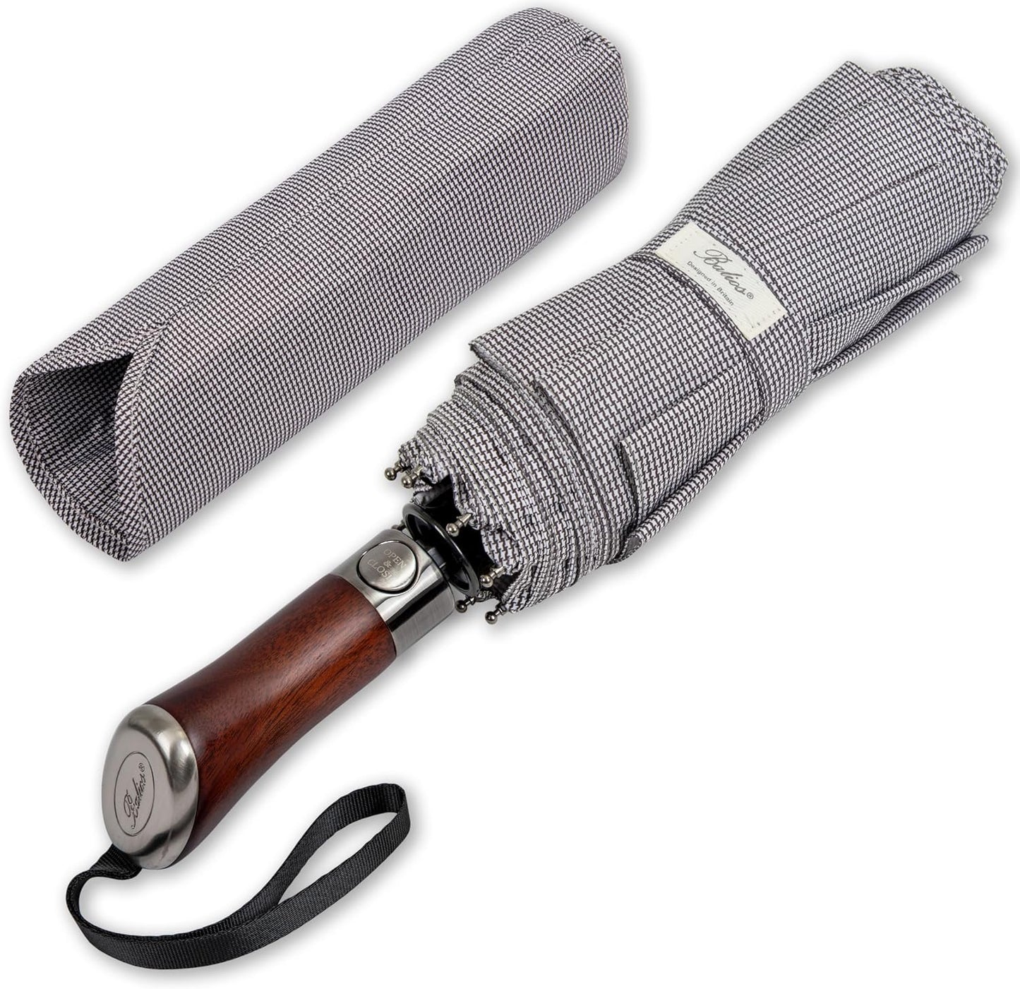 Folding Umbrella Lux Hardwood Handle Auto Open Close | Patented handmade handle in richly grained solid hardwood, with stainless steel tip and wrist strap. Designed in London.