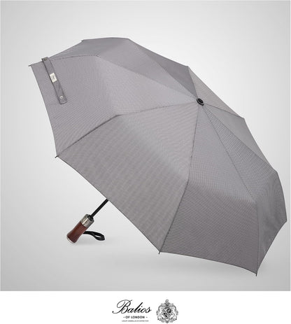 Folding Umbrella Lux Hardwood Handle Auto Open Close | Patented handmade handle in richly grained solid hardwood, with stainless steel tip and wrist strap. Designed in London.
