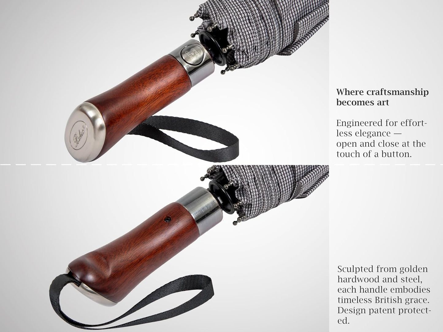 Folding Umbrella Lux Hardwood Handle Auto Open Close | Patented handmade handle in richly grained solid hardwood, with stainless steel tip and wrist strap. Designed in London.
