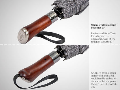 Folding Umbrella Lux Hardwood Handle Auto Open Close | Patented handmade handle in richly grained solid hardwood, with stainless steel tip and wrist strap. Designed in London.