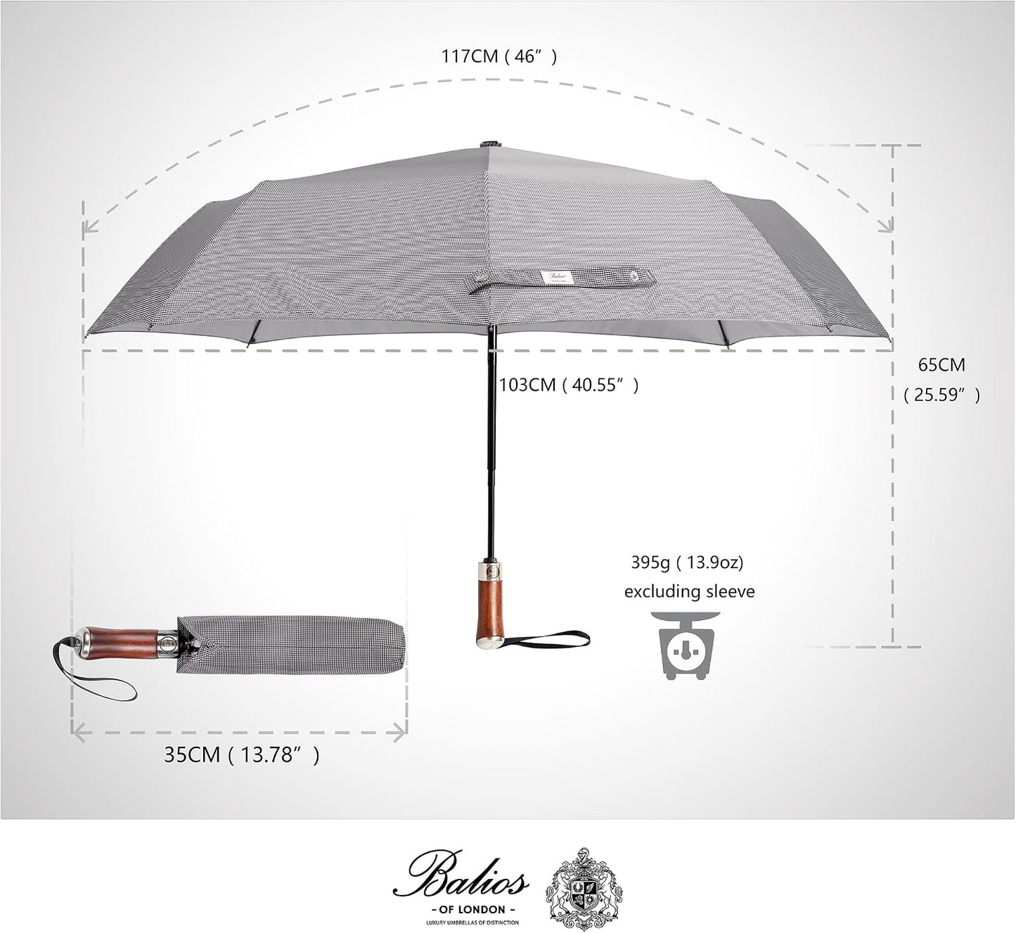 Folding Umbrella Lux Hardwood Handle Auto Open Close | Patented handmade handle in richly grained solid hardwood, with stainless steel tip and wrist strap. Designed in London.