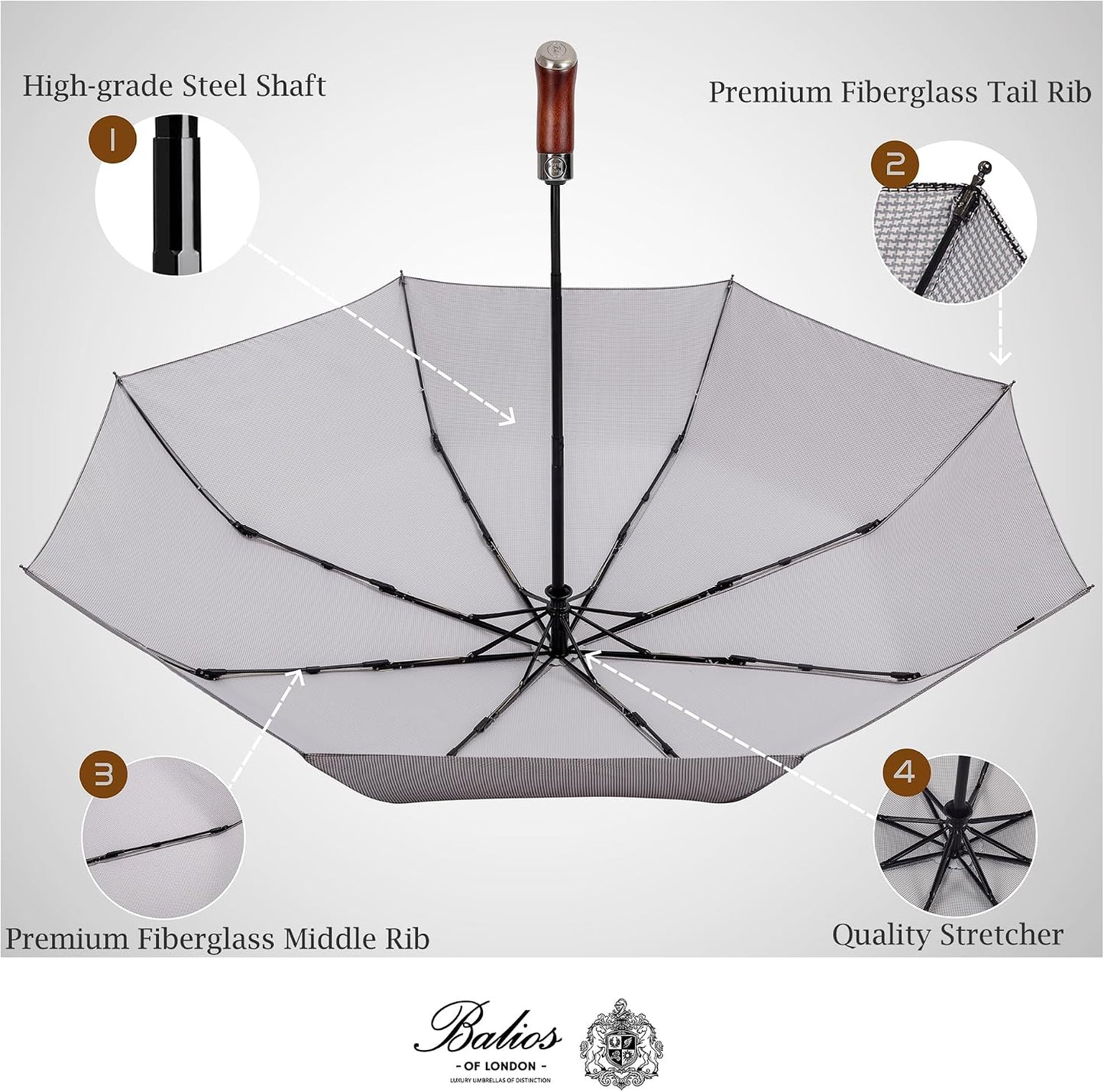 Folding Umbrella Lux Hardwood Handle Auto Open Close | Patented handmade handle in richly grained solid hardwood, with stainless steel tip and wrist strap. Designed in London.