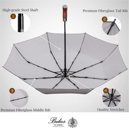 Folding Umbrella Lux Hardwood Handle Auto Open Close | Patented handmade handle in richly grained solid hardwood, with stainless steel tip and wrist strap. Designed in London.
