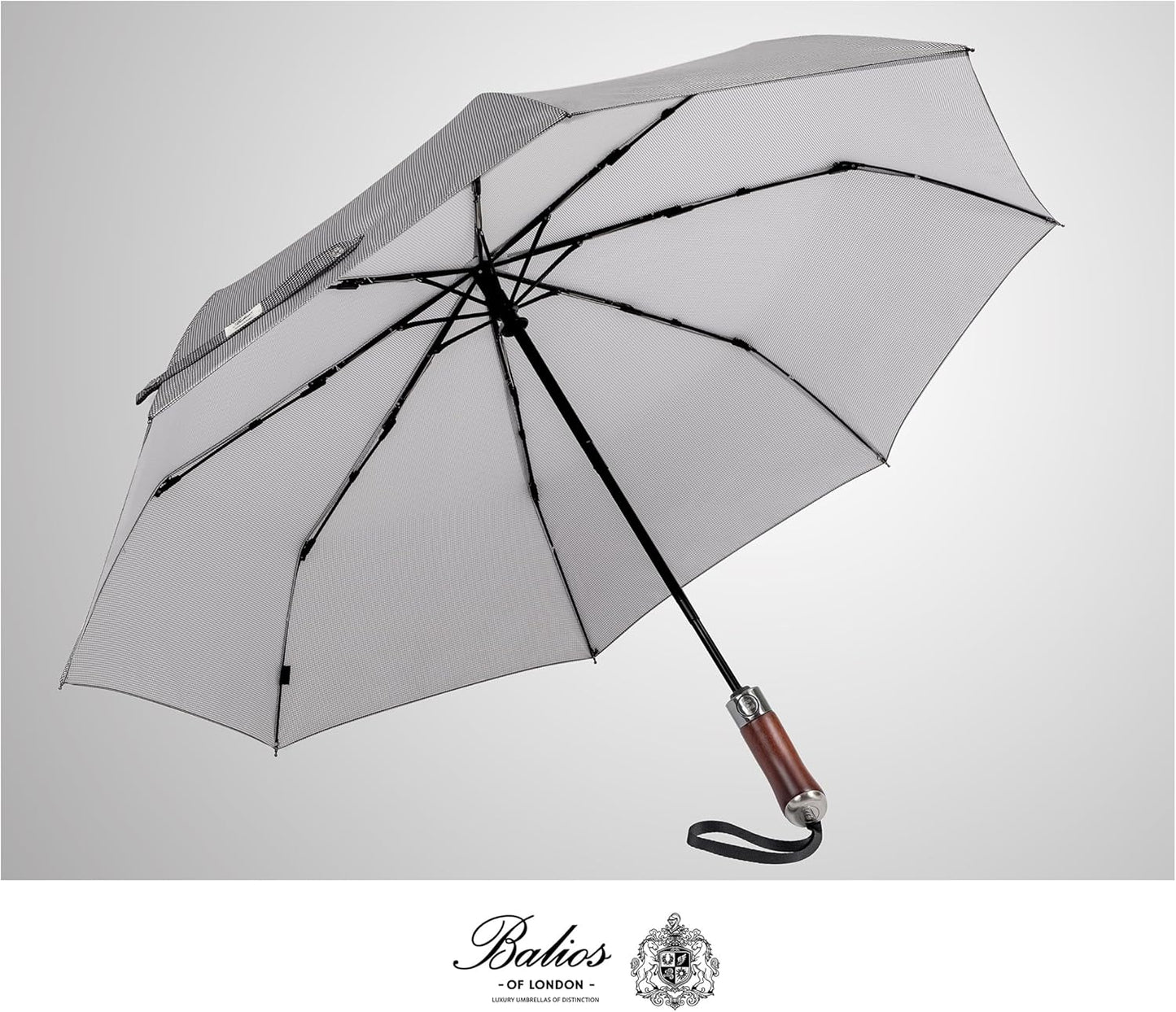 Folding Umbrella Lux Hardwood Handle Auto Open Close | Patented handmade handle in richly grained solid hardwood, with stainless steel tip and wrist strap. Designed in London.
