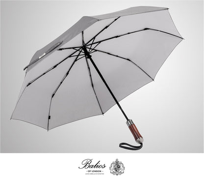 Folding Umbrella Lux Hardwood Handle Auto Open Close | Patented handmade handle in richly grained solid hardwood, with stainless steel tip and wrist strap. Designed in London.