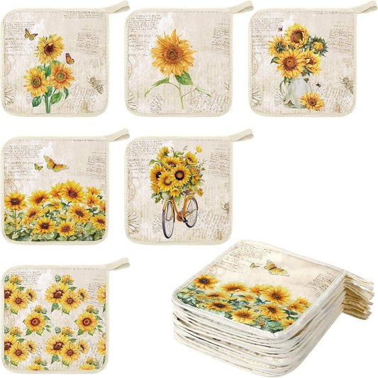 12 Pcs Pot Holders with Pocket Kitchen Hot Potholders Hot Pad Oven Mitts Cookie Bag Oven Gloves for Kitchen Gift Baking Cooking(Yellow,Sunflower)