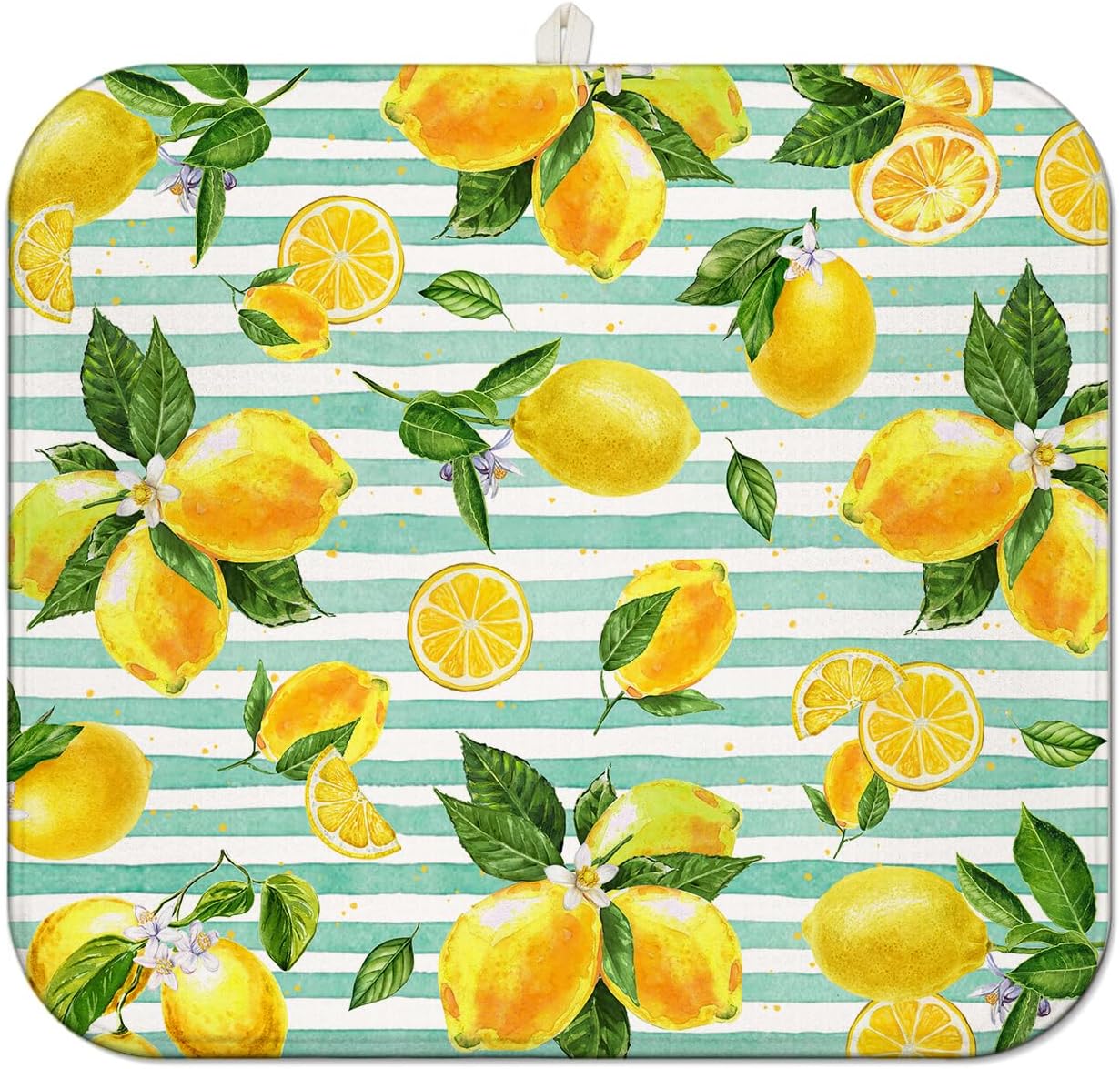 Lemon Dish Drying Mat for Kitchen Counter,Striped Background Yellow Lemon Floral Microfiber Summer Drying Mat, Washable Absorbent Kitchen Countertop Dish Drainer Mat,16×18 Inch