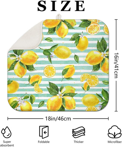 Lemon Dish Drying Mat for Kitchen Counter,Striped Background Yellow Lemon Floral Microfiber Summer Drying Mat, Washable Absorbent Kitchen Countertop Dish Drainer Mat,16×18 Inch