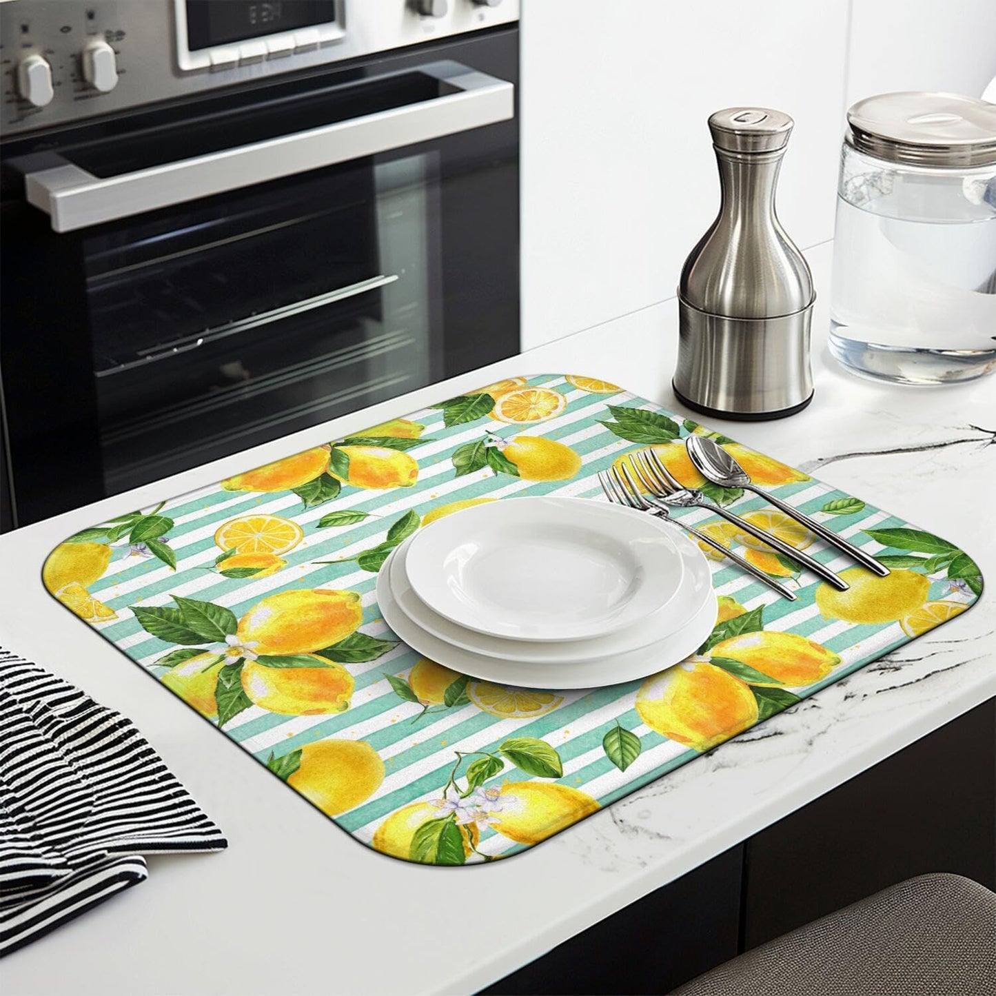 Lemon Dish Drying Mat for Kitchen Counter,Striped Background Yellow Lemon Floral Microfiber Summer Drying Mat, Washable Absorbent Kitchen Countertop Dish Drainer Mat,16×18 Inch