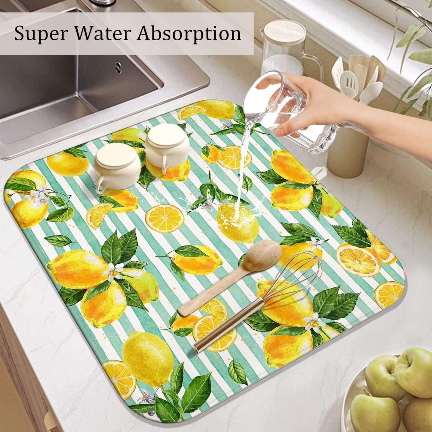 Lemon Dish Drying Mat for Kitchen Counter,Striped Background Yellow Lemon Floral Microfiber Summer Drying Mat, Washable Absorbent Kitchen Countertop Dish Drainer Mat,16×18 Inch
