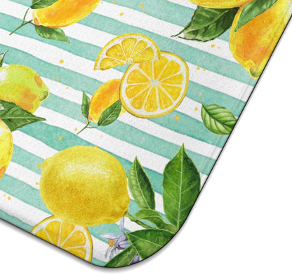 Lemon Dish Drying Mat for Kitchen Counter,Striped Background Yellow Lemon Floral Microfiber Summer Drying Mat, Washable Absorbent Kitchen Countertop Dish Drainer Mat,16×18 Inch
