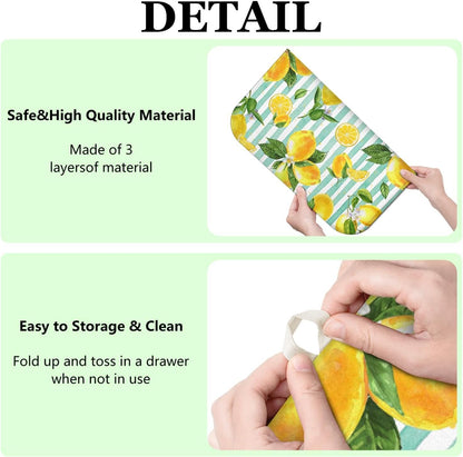 Lemon Dish Drying Mat for Kitchen Counter,Striped Background Yellow Lemon Floral Microfiber Summer Drying Mat, Washable Absorbent Kitchen Countertop Dish Drainer Mat,16×18 Inch