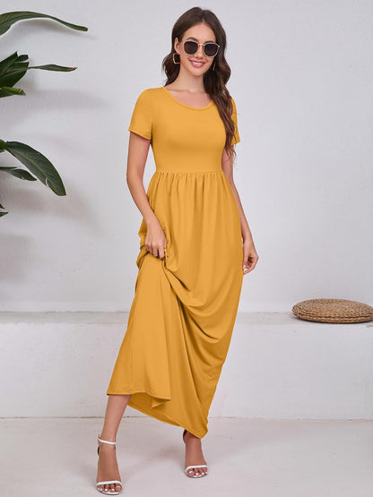 Maxi Dress for Women Short Sleeve Casual Summer Loose Plain Comfy Long Dresses with Pockets