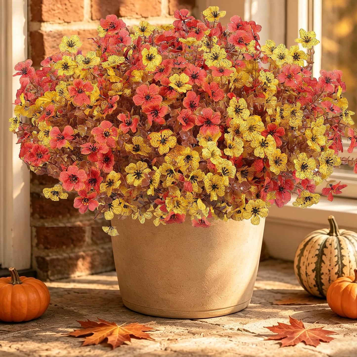 Artificial Faux Mums Flowers Plants for Outdoors Fall Decoration,12 Bundles Fake Mums Silk Daisy Plastic Flowers Plant UV Resistant Look Real for Outside Planters Patio Front Yard Autumn Orange Yellow