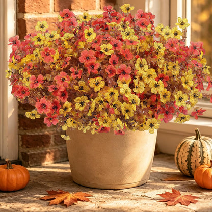 Artificial Faux Mums Flowers Plants for Outdoors Fall Decoration,12 Bundles Fake Mums Silk Daisy Plastic Flowers Plant UV Resistant Look Real for Outside Planters Patio Front Yard Autumn Orange Yellow