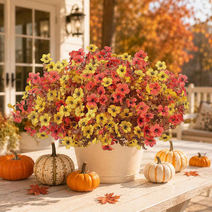 Artificial Faux Mums Flowers Plants for Outdoors Fall Decoration,12 Bundles Fake Mums Silk Daisy Plastic Flowers Plant UV Resistant Look Real for Outside Planters Patio Front Yard Autumn Orange Yellow