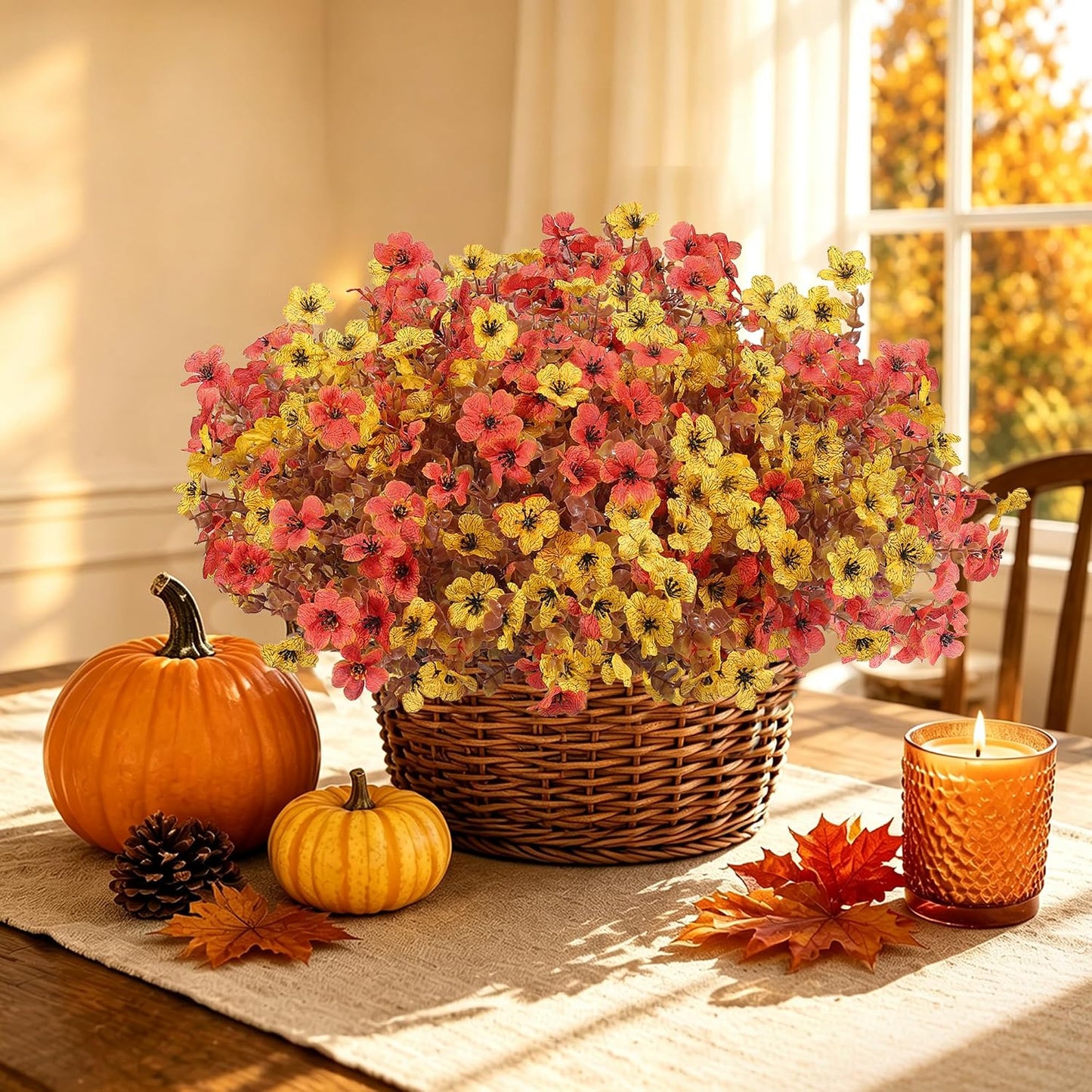 Artificial Faux Mums Flowers Plants for Outdoors Fall Decoration,12 Bundles Fake Mums Silk Daisy Plastic Flowers Plant UV Resistant Look Real for Outside Planters Patio Front Yard Autumn Orange Yellow