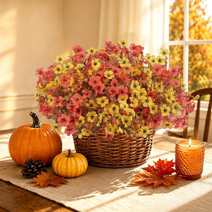 Artificial Faux Mums Flowers Plants for Outdoors Fall Decoration,12 Bundles Fake Mums Silk Daisy Plastic Flowers Plant UV Resistant Look Real for Outside Planters Patio Front Yard Autumn Orange Yellow