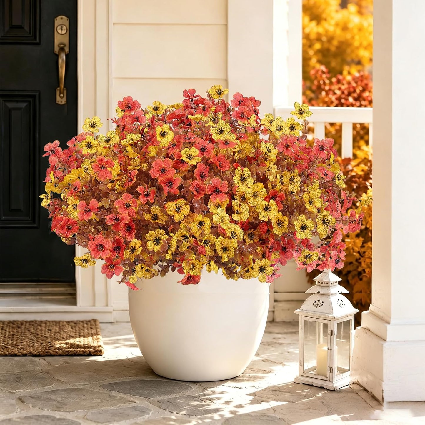 Artificial Faux Mums Flowers Plants for Outdoors Fall Decoration,12 Bundles Fake Mums Silk Daisy Plastic Flowers Plant UV Resistant Look Real for Outside Planters Patio Front Yard Autumn Orange Yellow