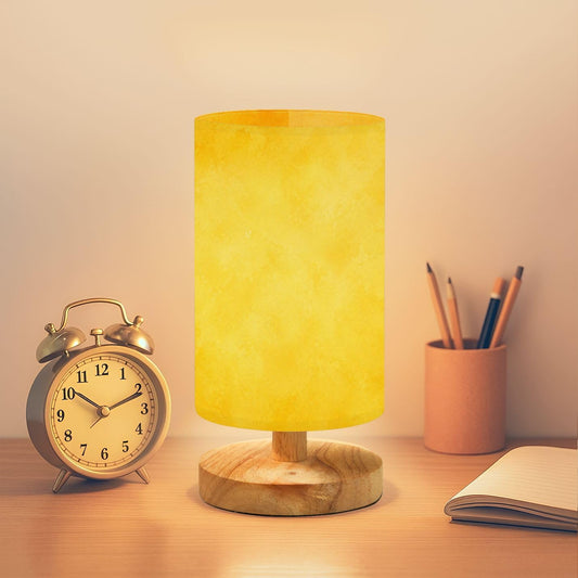 Bedside Table Lamp yellow gold bright fun back to school color solid yellow paper orange Dimmable Desk Lamp with Flaxen Fabric Shade Wood Base Nightstand Small Lamp for Bedroom Living Room Home Gift