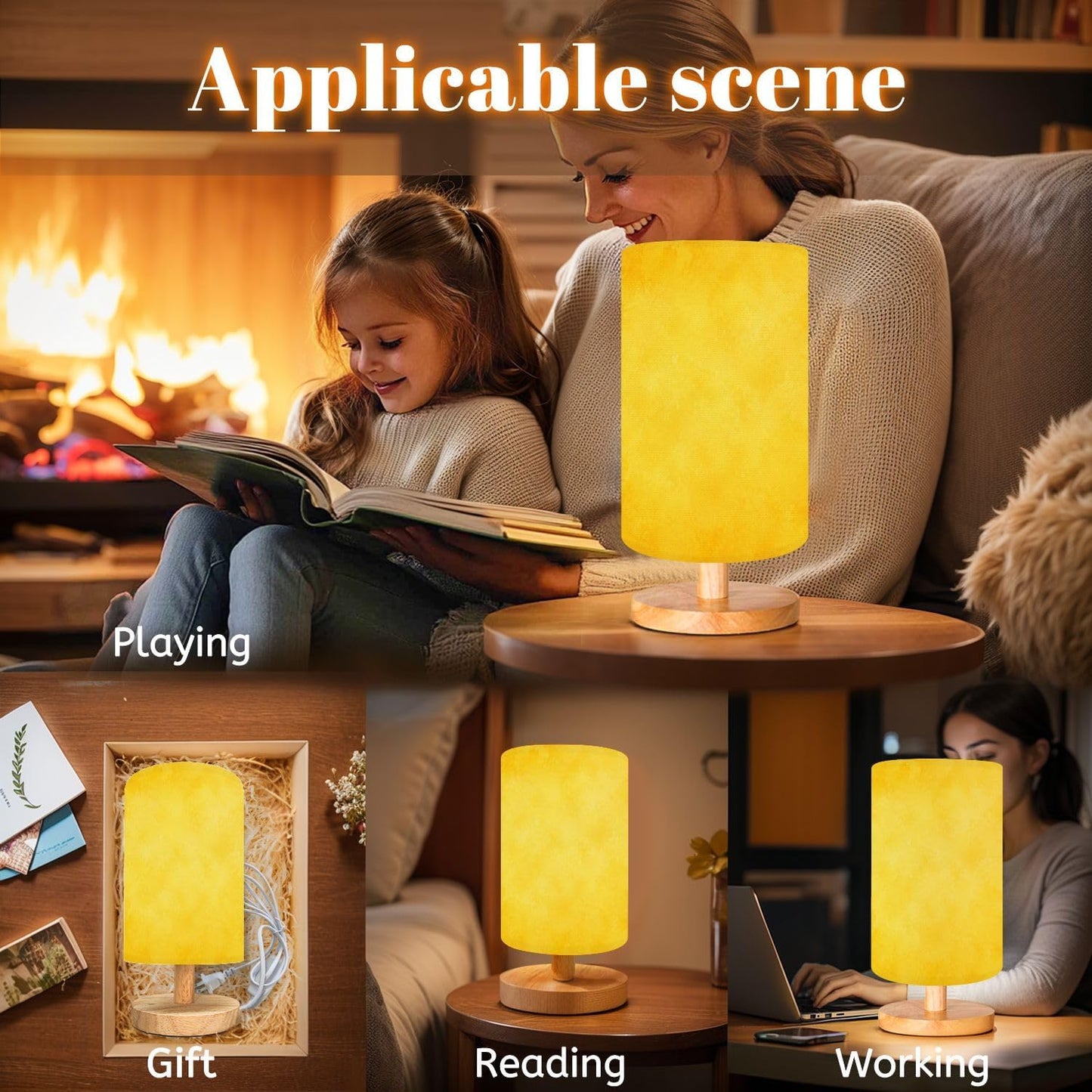Bedside Table Lamp yellow gold bright fun back to school color solid yellow paper orange Dimmable Desk Lamp with Flaxen Fabric Shade Wood Base Nightstand Small Lamp for Bedroom Living Room Home Gift