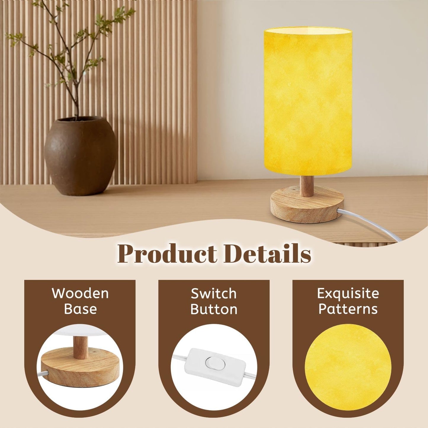 Bedside Table Lamp yellow gold bright fun back to school color solid yellow paper orange Dimmable Desk Lamp with Flaxen Fabric Shade Wood Base Nightstand Small Lamp for Bedroom Living Room Home Gift