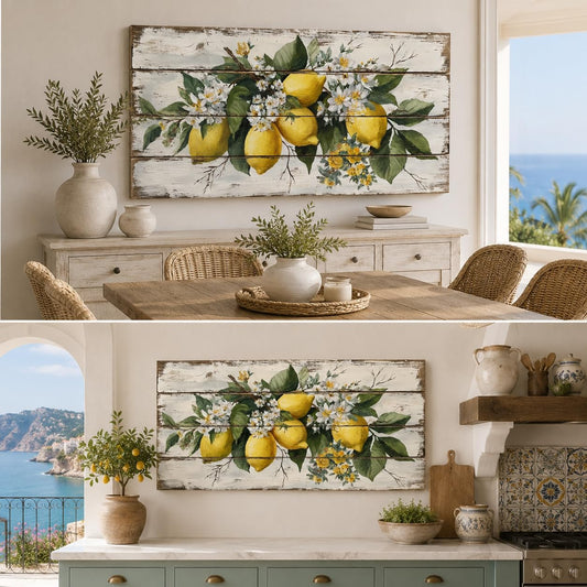 Vintage Lemon Wall Art, Lemon Pictures for Kitchen Decor, Yellow Fruit Canvas Art Prints, Italian Artwork for Wall Decor, Retro Citrus Themed Kitchen Painting Prints for Home 24x12 Inches