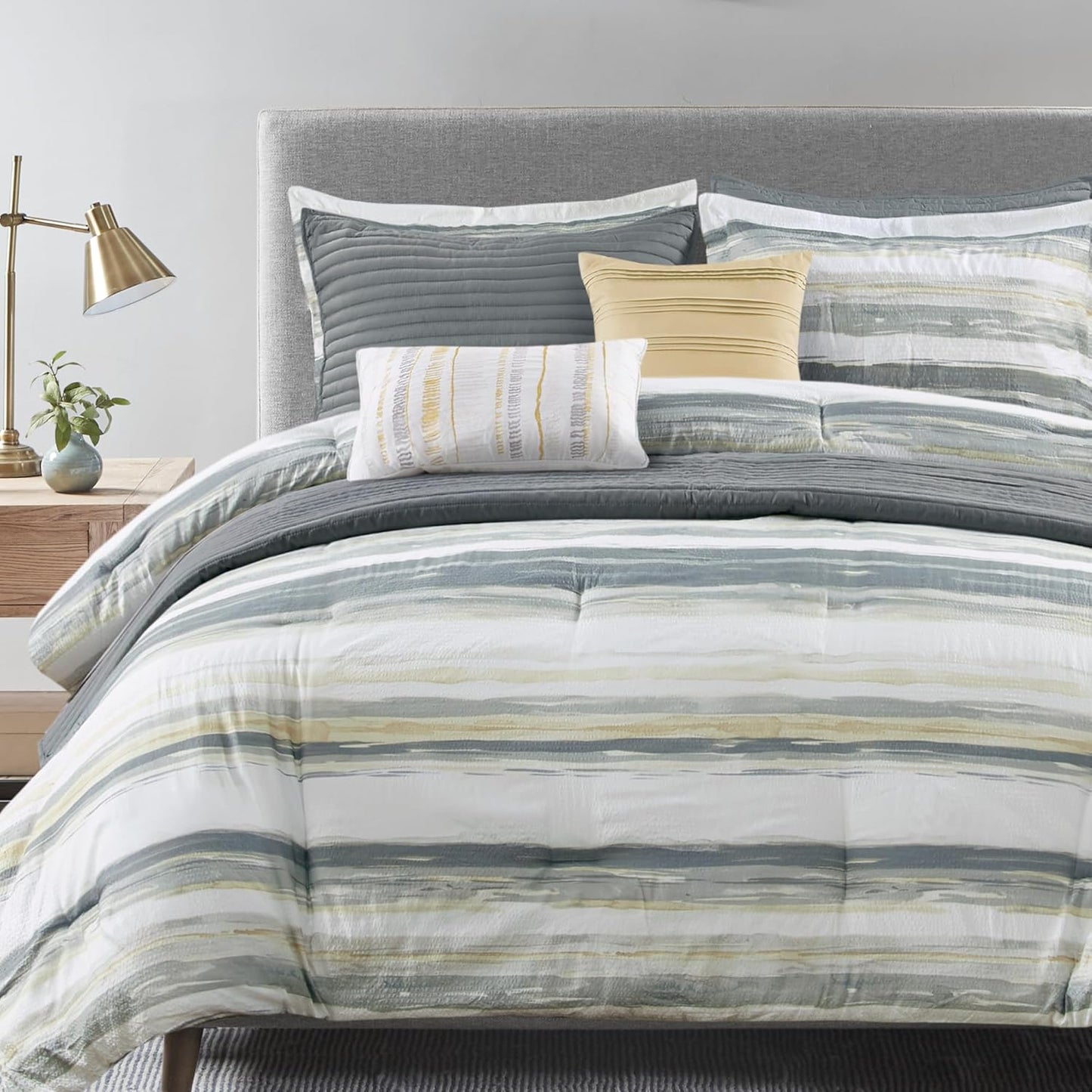 Marina Comforter Quilt Combo Set - Modern Luxury Design, All Season Down Alternative Bedding, Matching Shams, Decorative Pillows, King/Cal King(104"x92"), Yellow 8 Piece
