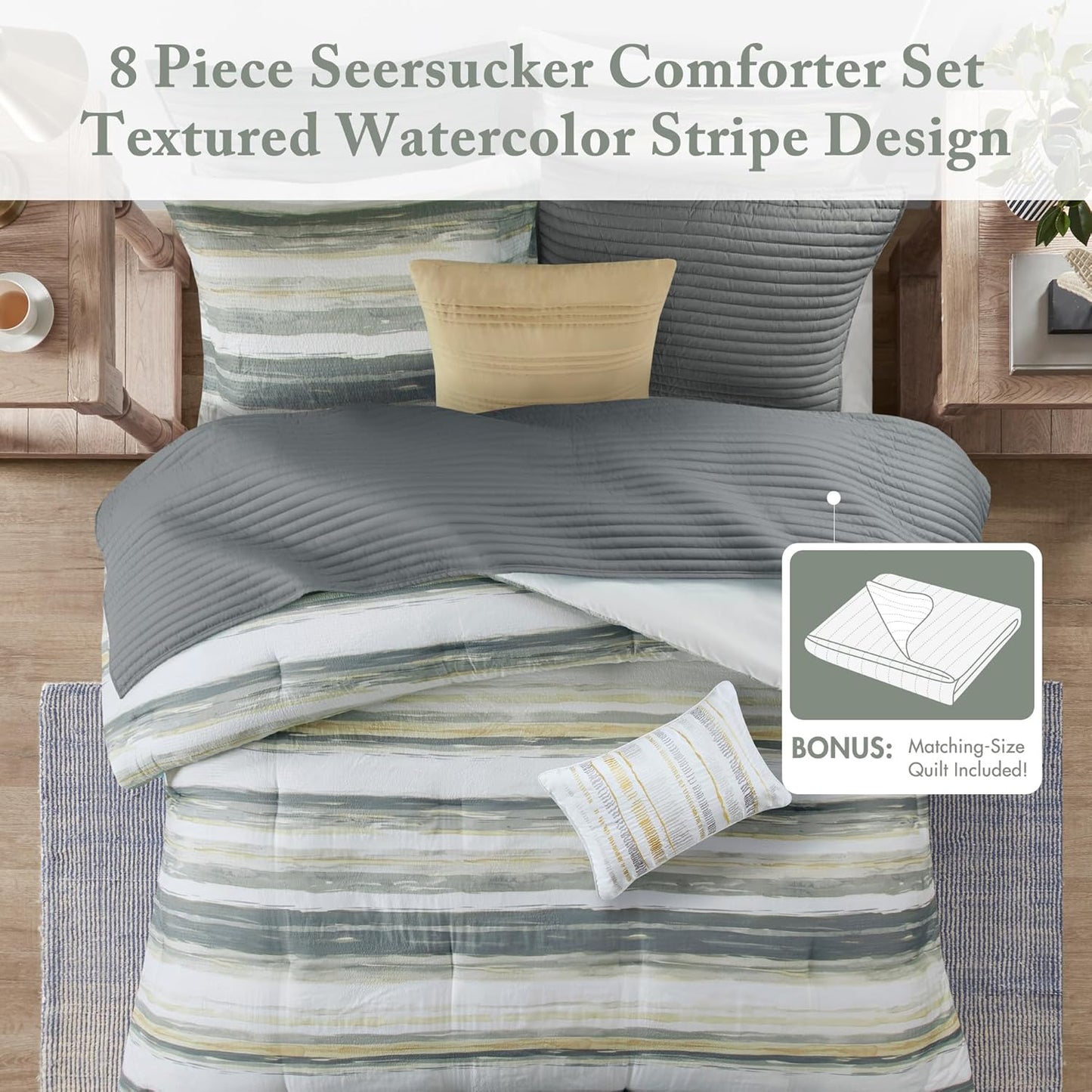 Marina Comforter Quilt Combo Set - Modern Luxury Design, All Season Down Alternative Bedding, Matching Shams, Decorative Pillows, King/Cal King(104"x92"), Yellow 8 Piece